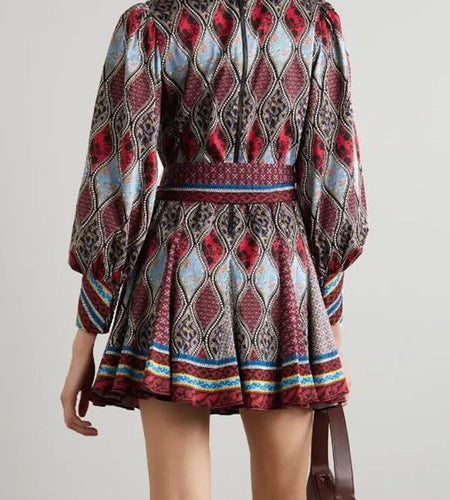 Vintage Print Colorblock Dress For Women Round Neck Long Sleeve Bowknot Lace Up Mini Dresses Female 2022 Autumn Clothing New