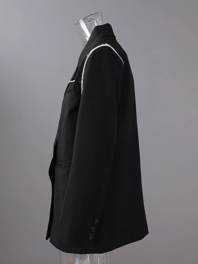 Women Black Color-block Burr Big Size Elegant Blazer New Lapel Long Sleeve Jacket Fashion Tide Spring Autumn 2025 1DH9734