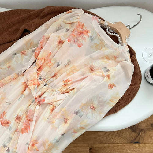 Load image into Gallery viewer, Vintage Women Orange Print V Neck High Waist Long Sleeves A-line Pleated Party Prom Dress Autumn Slim Bow Bandage Dress Bohemian
