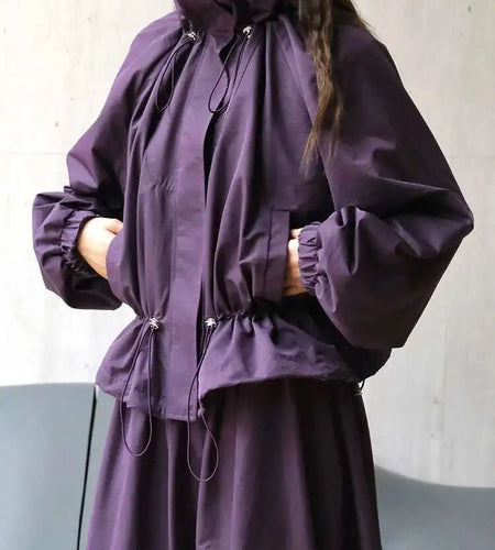 Purple Drawstring Big Size Casual Jacket New Stand Collar Long Sleeve Women Coat Fashion Tide Spring Autumn 2025 1DH6530