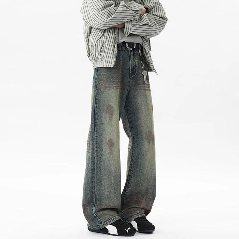 Male Jeasn Splashed Ink Glitter Design New American Style Straight Wide Leg Worn-out Stylish Men's Summer Bottoms 9W1854