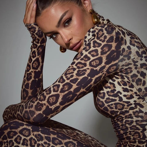 Load image into Gallery viewer, Leopard Print Long Sleeve Sexy Maxi Dress For Women Autumn Winter Fashion Elegant Turtleneck Printed Bodycon Long Dress
