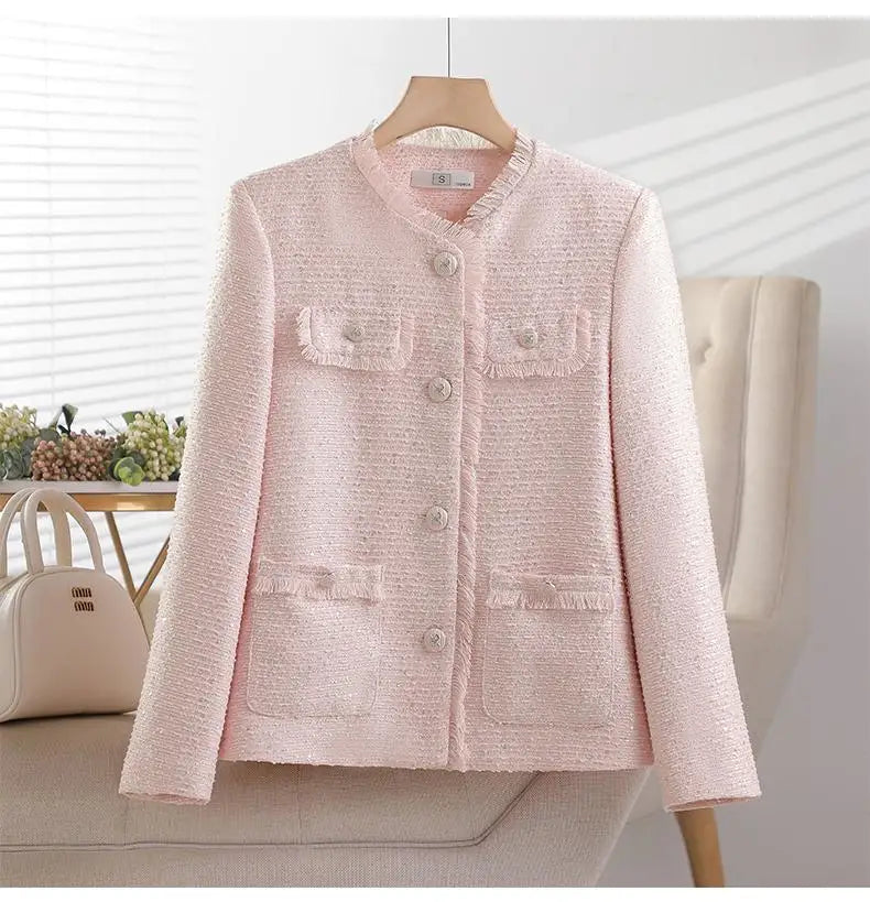 Korean Retro Pink Beige Women's Single Breasted Sequins Blazer Jacket 2024 New Spring Autumn Red Temperament Goddess Top Popular