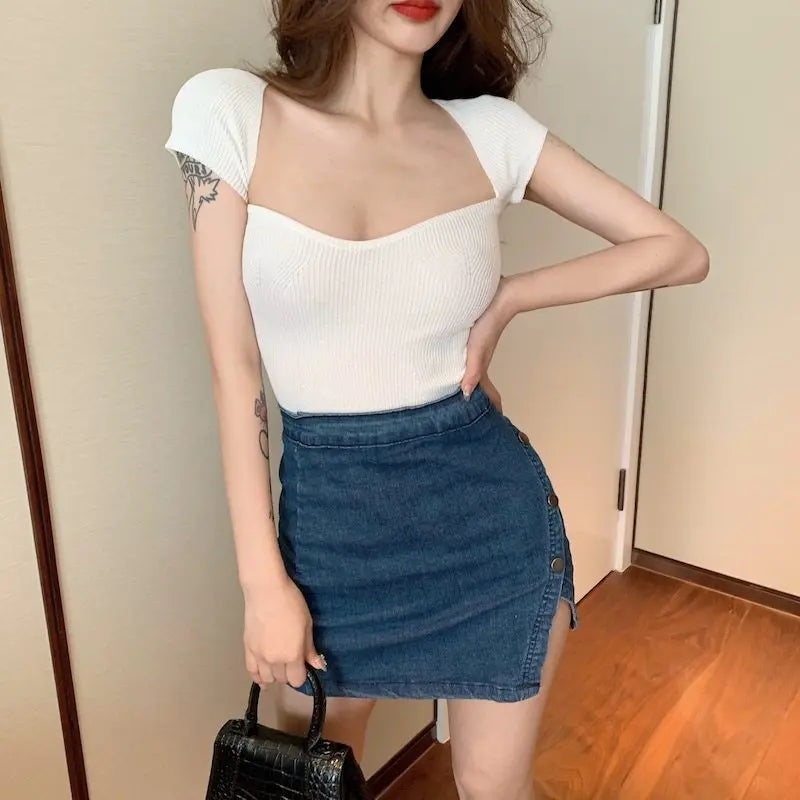 y2k Knit Top Women Aesthetic Clothes Solid Color V Neck Short Sleeve Ribbed T Shirt Slim Fit Clothes Summer Streetwear