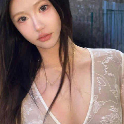 Load image into Gallery viewer, Sexy Lace Mesh Top V Neck Tees Y2k Aesthetic Slim Japanese Harajuku Crop  Chic Women Bottoming Long Sleeve T-shirt Outerwear
