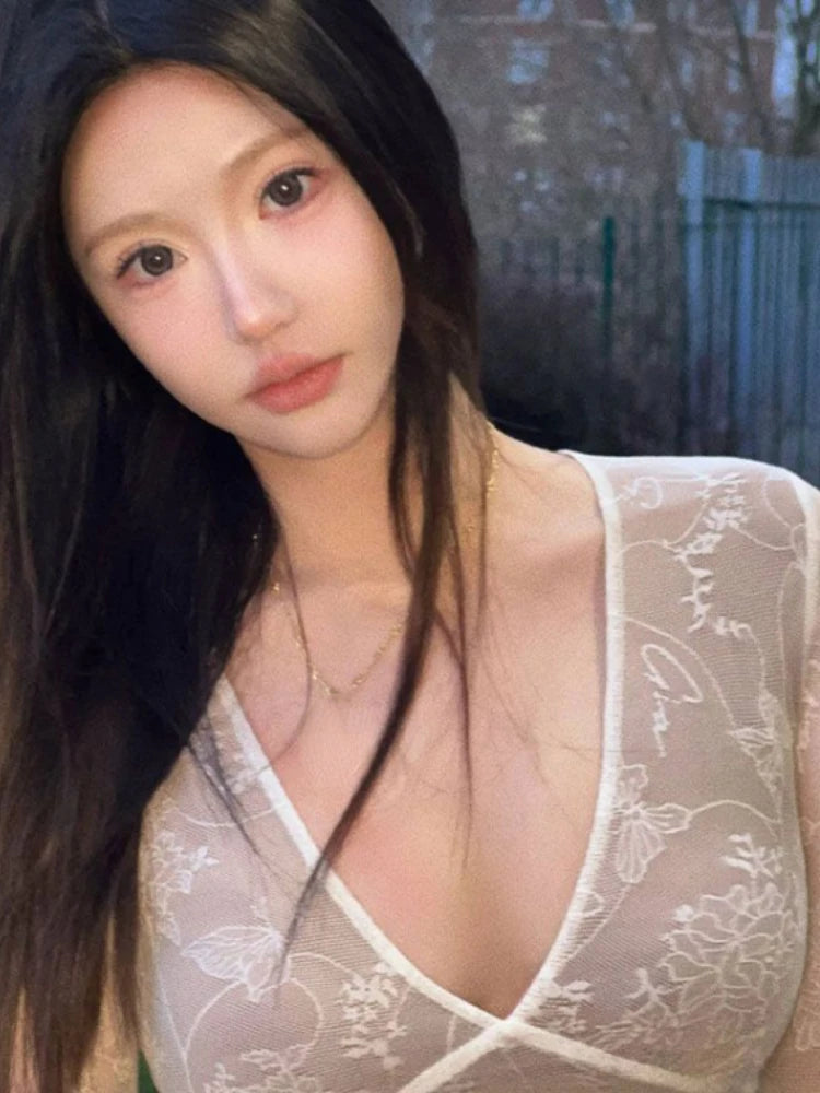 Sexy Lace Mesh Top V Neck Tees Y2k Aesthetic Slim Japanese Harajuku Crop  Chic Women Bottoming Long Sleeve T-shirt Outerwear