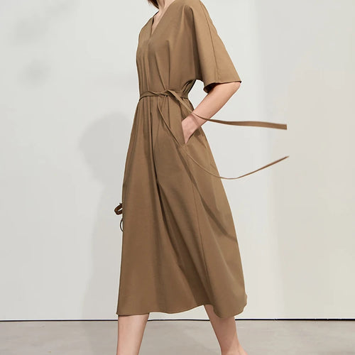 Minimalist Casual Womens Dresses 2025 Summer New Office Lady A Line V-neck Solid Color Dress for Woman Elegant 12542161