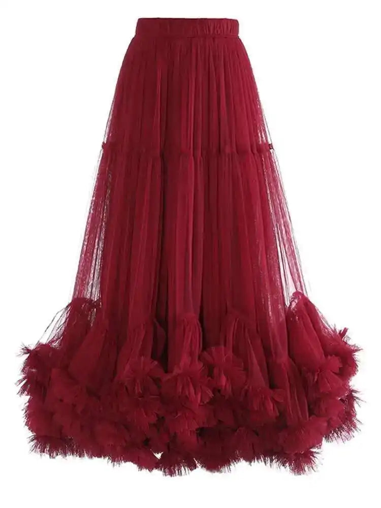 High Elastic Waist Red Mech Ruffles A-line Elegant Midi Half-body Skirt Women Fashion New Spring Autumn 2025 1DH2027