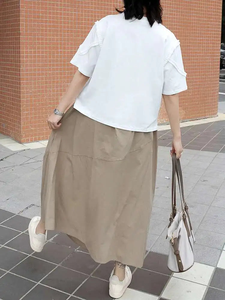 High Elastic Waist Khaki Pleated Irregular A-line Half-body Skirt Women Fashion Tide New Spring Autumn 2025 1DJ0225