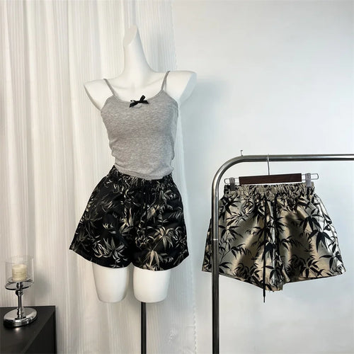 Load image into Gallery viewer, Vintage Women Drawstring Lace-up High Waist Jacquard Shorts Chinese Style Bamboo Leaf Print Wide Leg Short Pant 2024 New Summer
