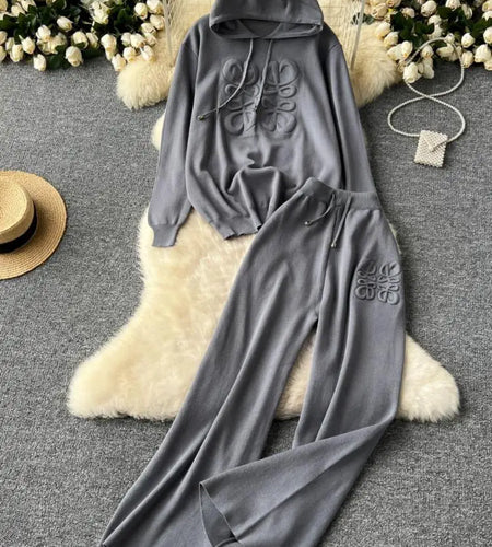 2024 Spring Autumn New Women Casual Solid Hooded Knitted Long Sleeve Sweatshirt Pullover Tops And Wide Leg Pants Two-piece Suits