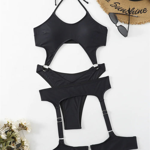 Load image into Gallery viewer, Halter One Piece Swimsuit With Garter Cut Out Swimwear for Women Sexy Bathing Suit High Waist Monokini
