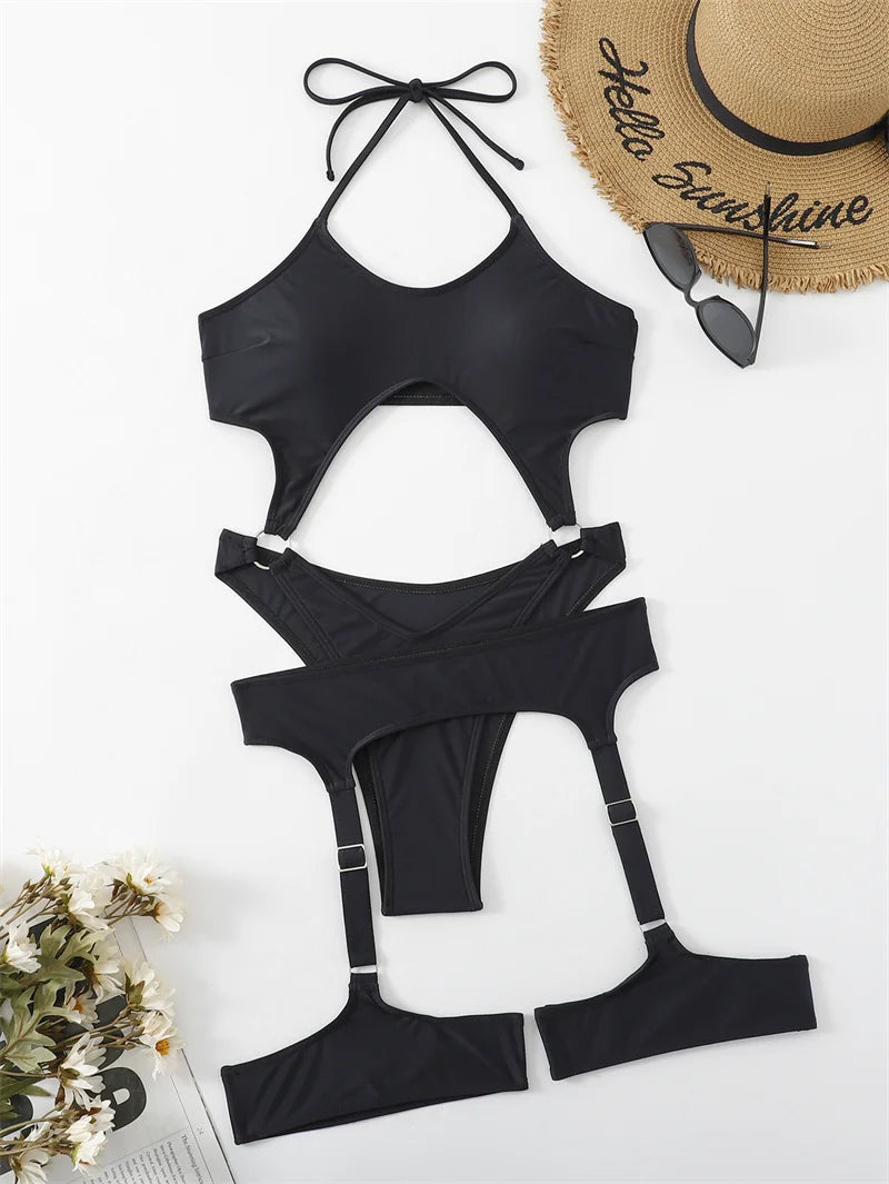 Halter One Piece Swimsuit With Garter Cut Out Swimwear for Women Sexy Bathing Suit High Waist Monokini