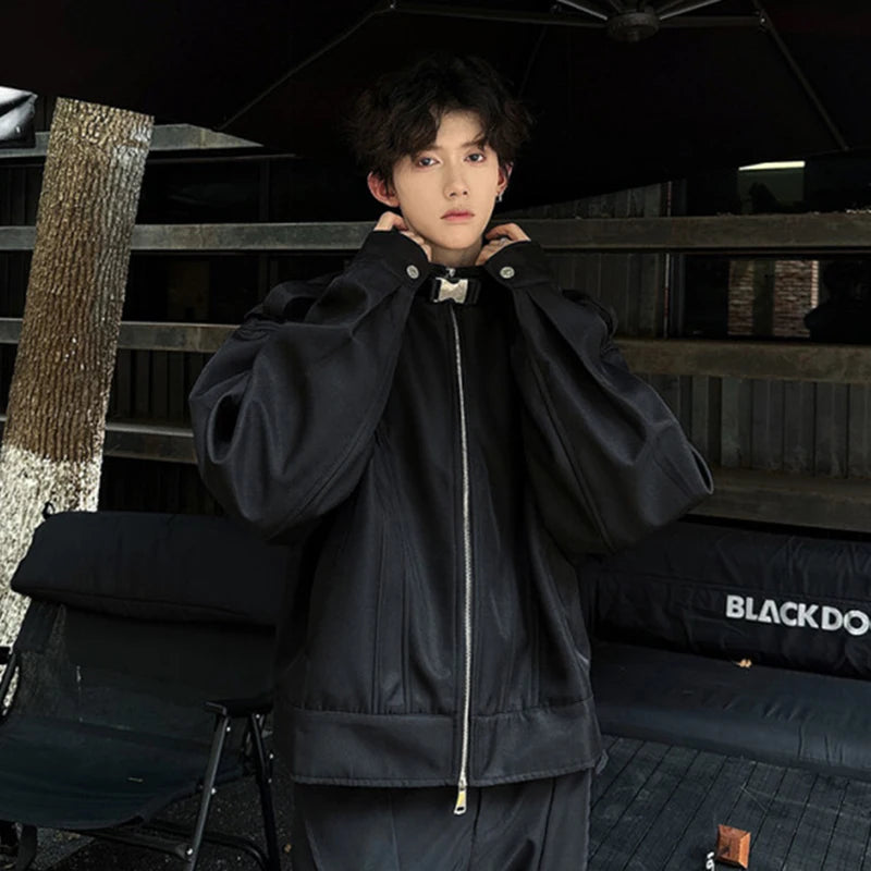 Personalized Men's Jacket Flying Sleeve Stand Collar Dark Wear Male Coats Solid Color 2024 New Stylish Men Clothing 9C6964