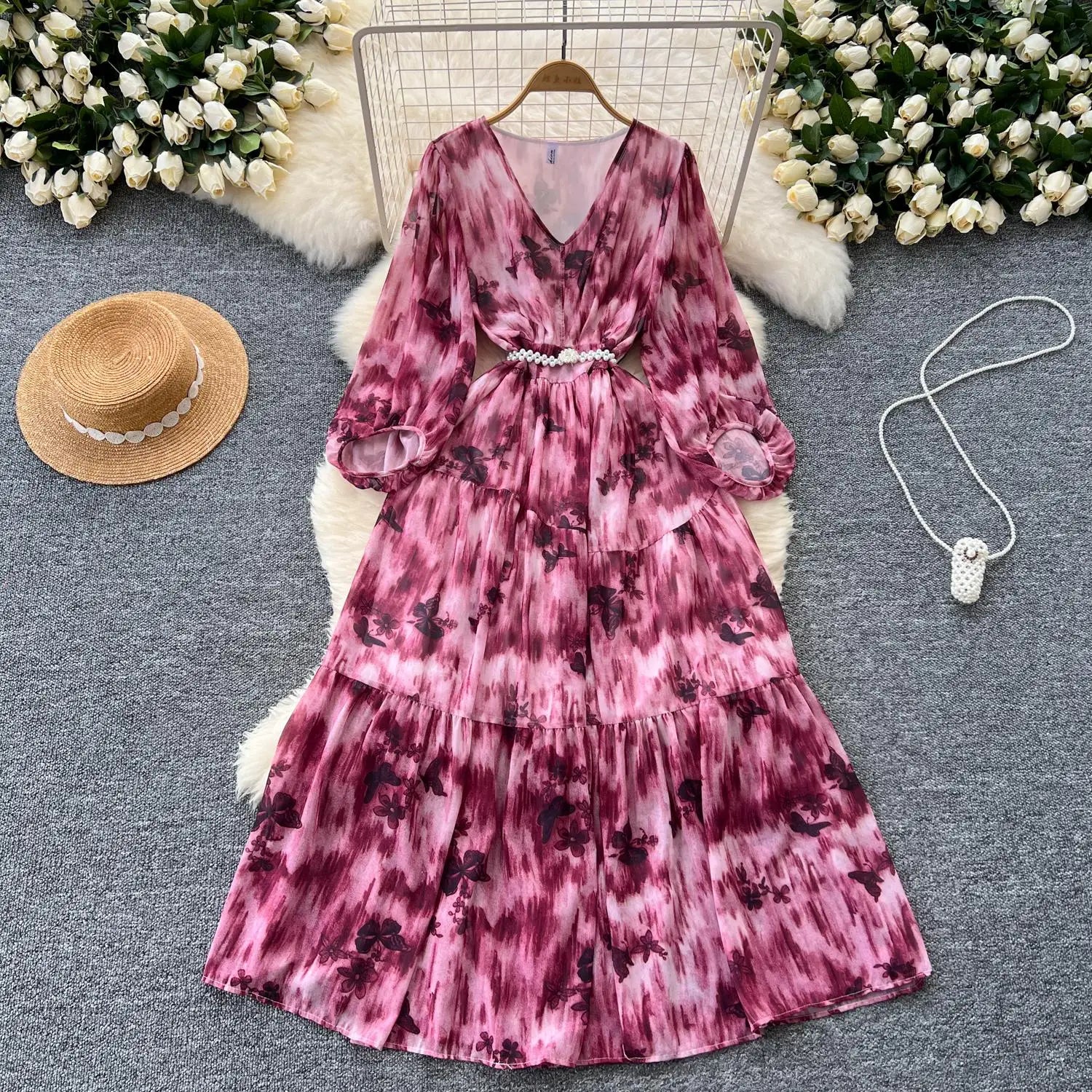 French Women Vintage Sweet Printed Birthday Evening Party Long Dresses Autumn New V Neck  Lantern Sleeves Pleated Dress Bohemian