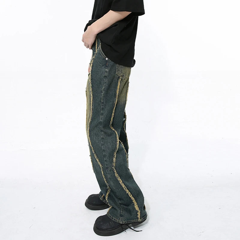 Men's Wear 2024 Spring Denim Pants New Fashion Deconstructed Ragged Edge Splicing Damaged Design Washed Jeans 9C5094