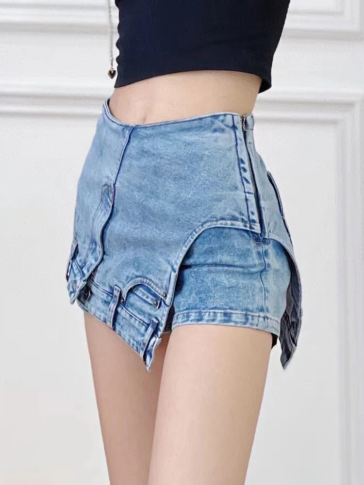 Casual Mini Slimming Denim Shorts For Women High Waist Spliced Pockets Streetwear Short Trousers Female Fashion