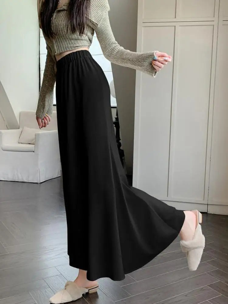 Autumn Winter Women's Black Elastic High Waist Fishtail Skirt Korean Version Beige Elegant Vacation Pleated A-line Long Skirts