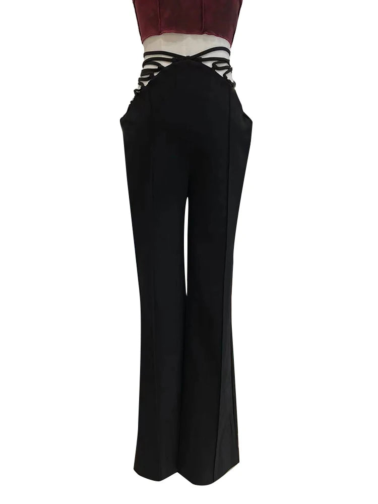 Black Cut Out Wide Leg Pants For Women High Waist Bandage Solid Minimalist Trousers Female Spring Clothes Style