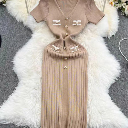 Load image into Gallery viewer, French Fashion Women's Solid V Neck Elegant Slim Short Sleeved Dress Summer Single Breasted Office Lady Knitted Dress Simplicity
