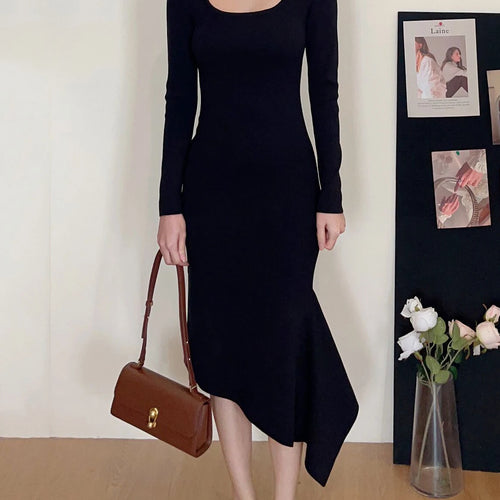 Load image into Gallery viewer, Bowknot Square Neck Knitted Sweatr Dress Gentle High Waist Fishtail Dresses High Level Design Robe Sweet Korean C-258
