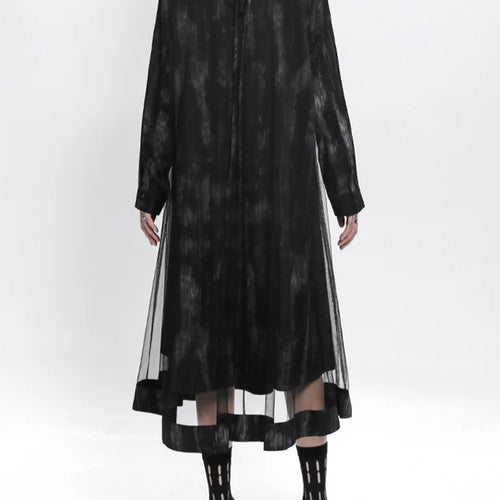 Load image into Gallery viewer, Women Black Hollow Out Mesh Spliced Big Size Dress New Stand Collar Long Sleeve Fashion Tide Spring Autumn 2025 1DJ0051
