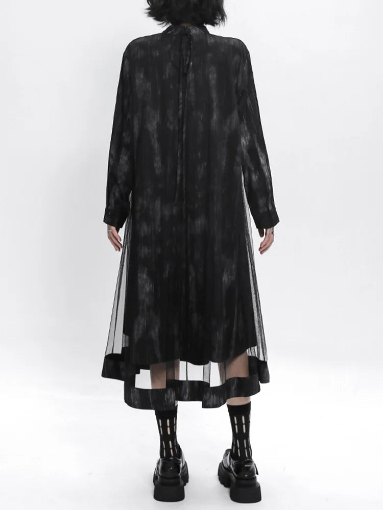 Women Black Hollow Out Mesh Spliced Big Size Dress New Stand Collar Long Sleeve Fashion Tide Spring Autumn 2025 1DJ0051