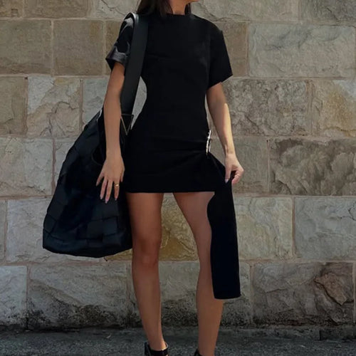 Load image into Gallery viewer, Short Sleeve Draped Sexy Mini Dress For Women Black Metal Buckle O Neck High Waist Bodycon Club Dress Vestido Clothes
