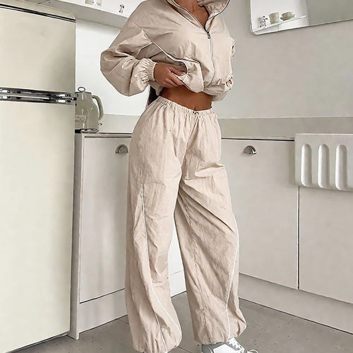 Load image into Gallery viewer, Sporty Stripe 2-Piece Set Women Zipper Crop Coats+Drawstring Trousers Skinny Casual Autumn Trend Simple Classic Suits
