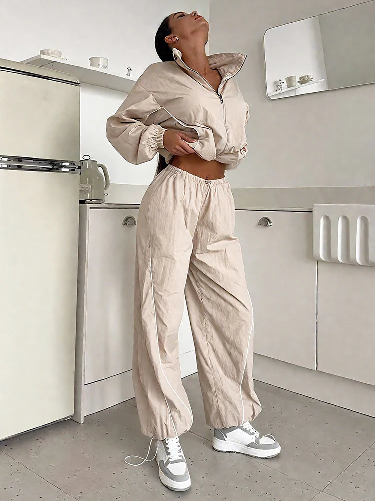 Sporty Stripe 2-Piece Set Women Zipper Crop Coats+Drawstring Trousers Skinny Casual Autumn Trend Simple Classic Suits