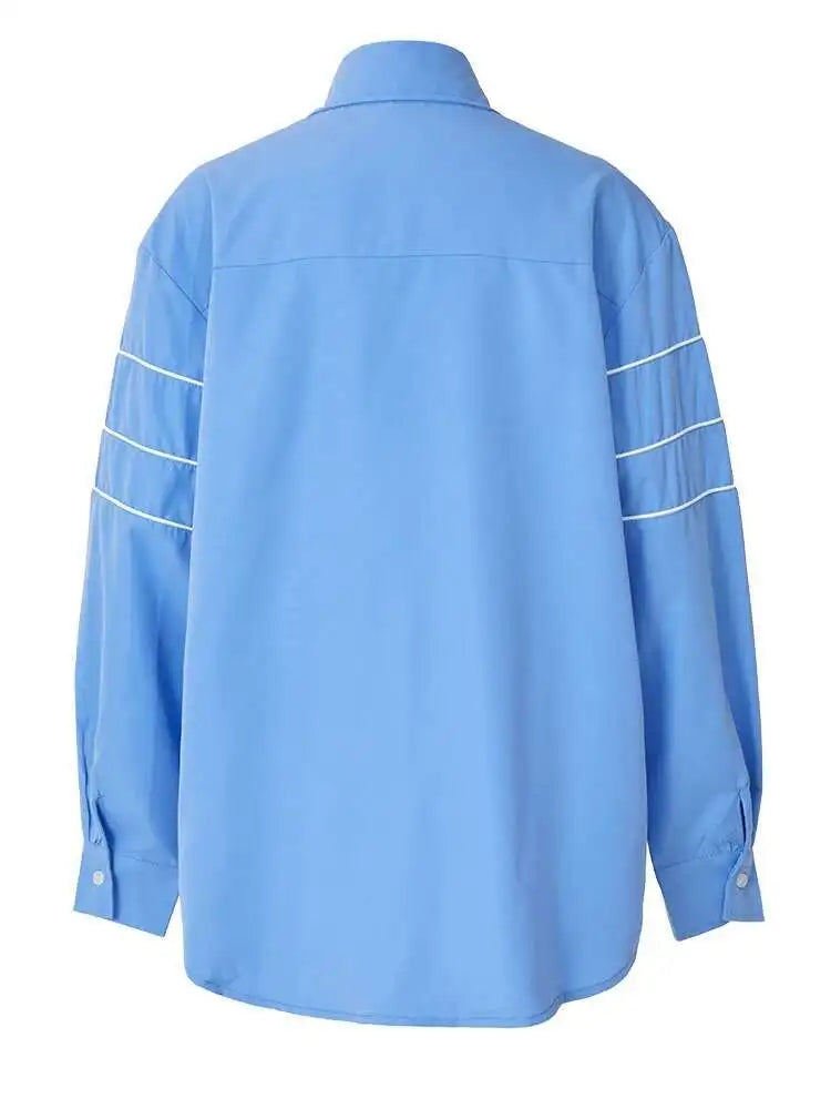 Women Blue Zipper Color-block Big Size Blouse New Lapel Long Sleeve Loose Fit Shirt Fashion Spring Autumn 2025 1DF8121