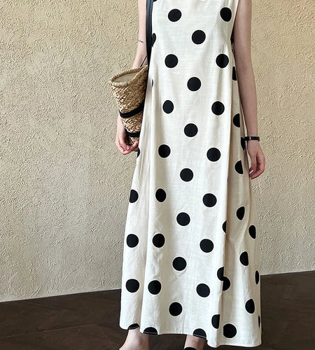 Women White Dot Printed Pleated Big Size Elegant Dress New Round Neck Sleeveless Fashion Tide Spring Summer 2025 1DJ0367