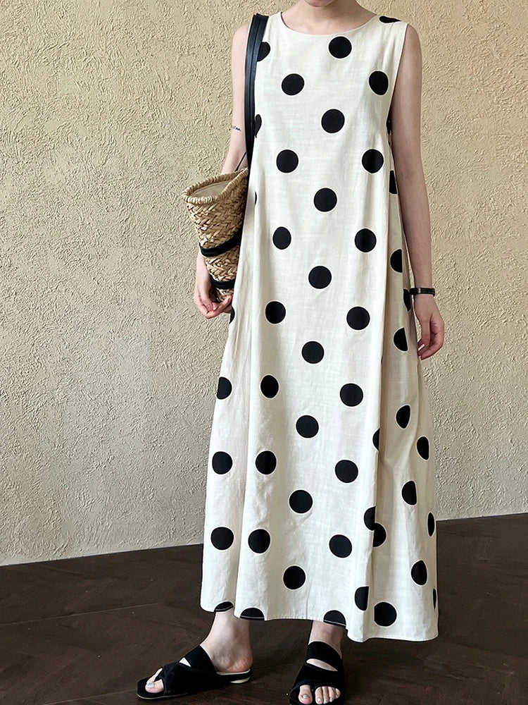 Women White Dot Printed Pleated Big Size Elegant Dress New Round Neck Sleeveless Fashion Tide Spring Summer 2025 1DJ0367