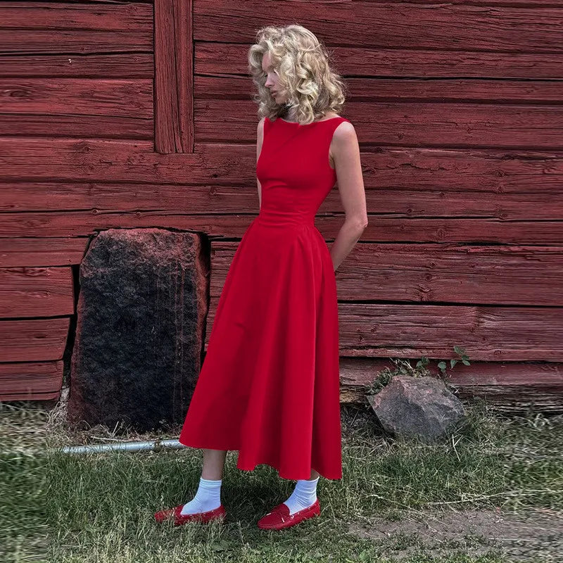 Backless A-line Maxi Dress For Women Fashion Solid O Neck Sleeveless Long Dress Ladies Gown High Waist Tank Dresses