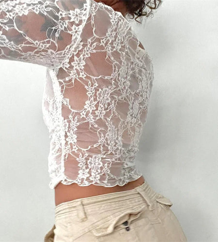 Women Lace Top y2k Clothing See Through Floral Hollow Out Round Neck Long Sleeve Ruffle Hem Mesh T Shirt Streetwear