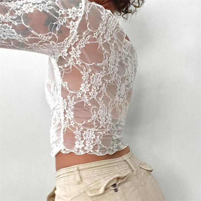 Women Lace Top y2k Clothing See Through Floral Hollow Out Round Neck Long Sleeve Ruffle Hem Mesh T Shirt Streetwear