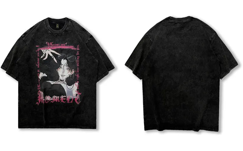 Hip Hop Vintage T Shirt Streetwear Harajuku Japanese Cartoon Anime Girl Print Washed Oversize Tshirt Punk Gothic Graphic Tee Top