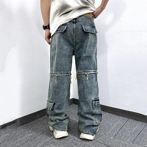 Load image into Gallery viewer, Men's Jeans Washed Denim Pants Multiple Pockets Stitched Edges Distressed Design Male Trousers Summer Overalls 9W1771
