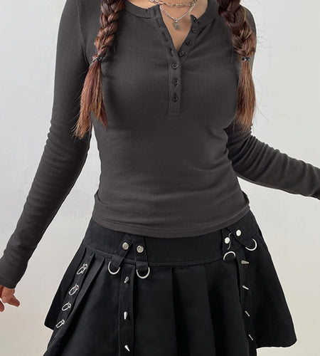 Retro Knitted Y2K Basic Autumn T-shirts Women Long Sleeve Buttons Up Fairycore Sweat Tee Chic 90s Top Outfits Korean