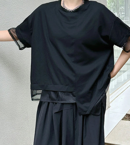 Women Black Irregular Mesh Spliced Big Size T-shirt New Round Neck Short Sleeve Fashion Tide Spring Summer 2025 1DJ1700