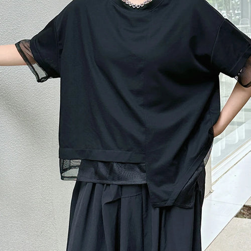 Load image into Gallery viewer, Women Black Irregular Mesh Spliced Big Size T-shirt New Round Neck Short Sleeve Fashion Tide Spring Summer 2025 1DJ1700
