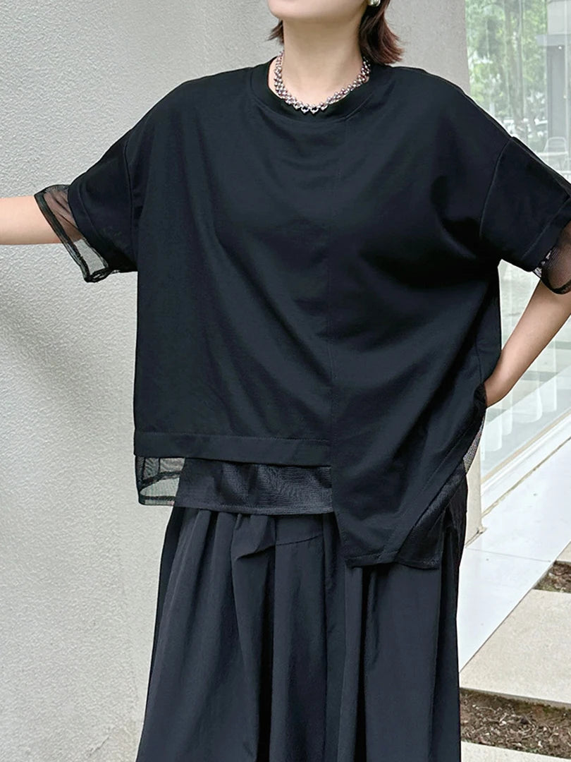 Women Black Irregular Mesh Spliced Big Size T-shirt New Round Neck Short Sleeve Fashion Tide Spring Summer 2025 1DJ1700