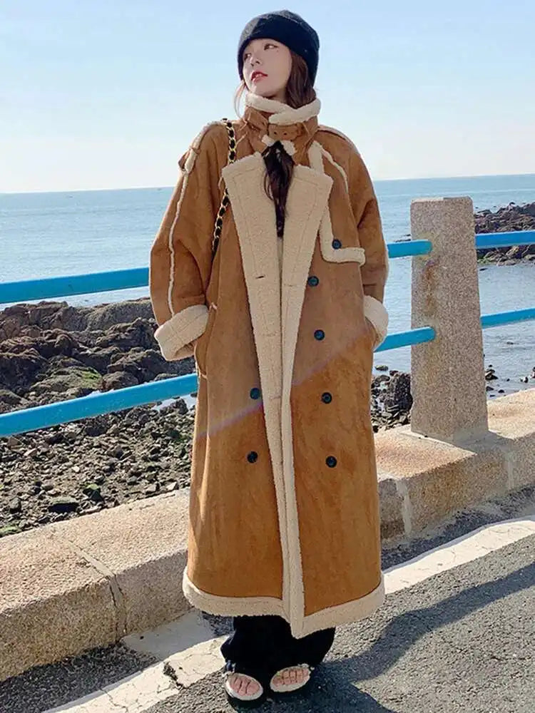 Camel Thick Big Size Long Lambswool Jacket New Stand Collar Long Sleeve Women Coat Fashion Tide Autumn Winter 2025 1DH8605