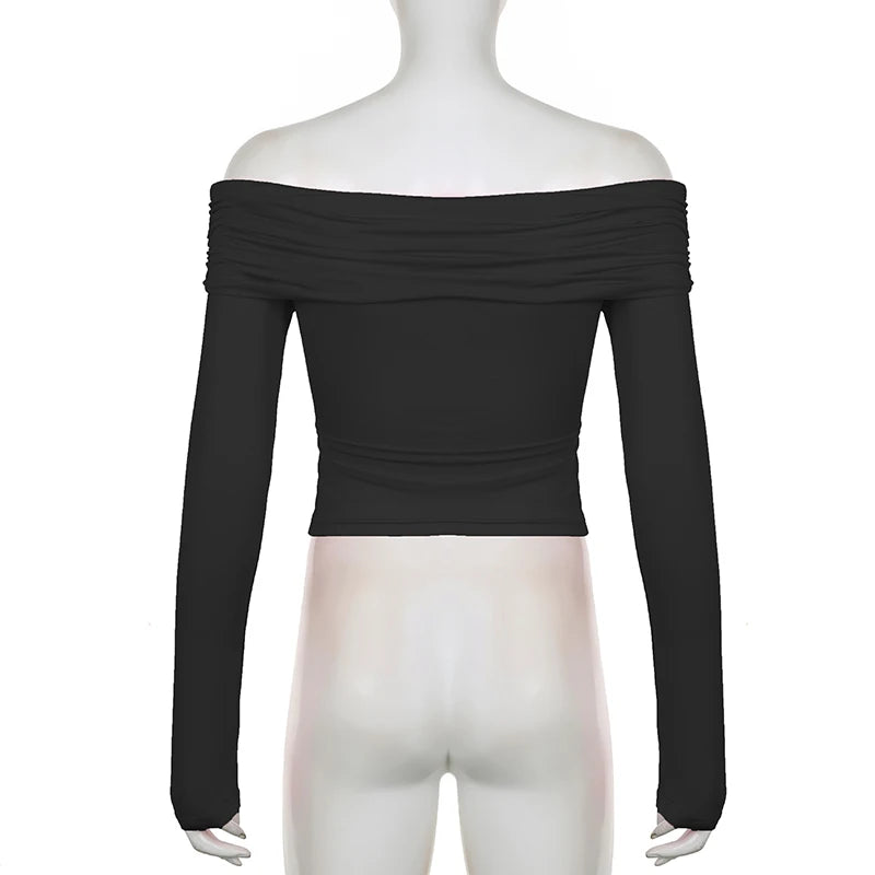 Fashion Fold Skinny Autumn T-shirt Ladies Basic Off Shoulder Top Solid Criss-Cross Casual Elegant Women Tee Clothing
