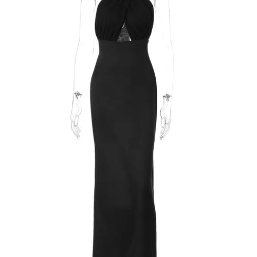 Load image into Gallery viewer, Halter Backless Sexy Maxi Dress For Women Black Satin Hollow Out Sleeveless Strapless Bodycon Club Long Dress Elegant
