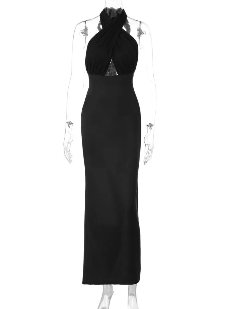 Halter Backless Sexy Maxi Dress For Women Black Satin Hollow Out Sleeveless Strapless Bodycon Club Long Dress Elegant