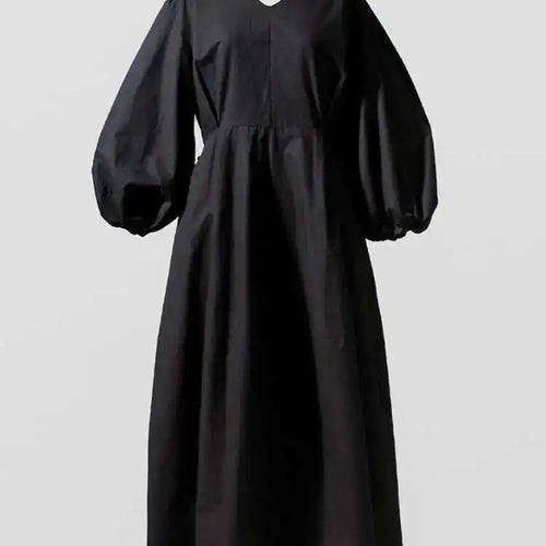 Load image into Gallery viewer, Women Kahki Elegant Big Size Long Dress New V-Neck Long Lantern Sleeve Loose Fit Fashion Tide Spring Autumn 2025  1DH0488
