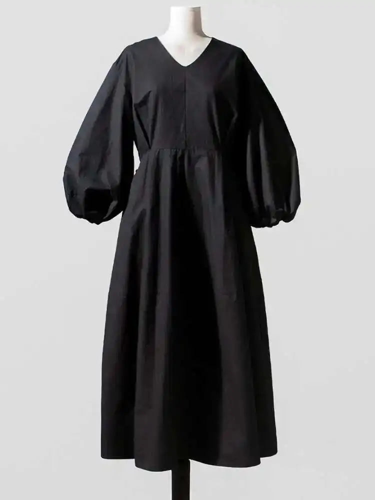 Women Kahki Elegant Big Size Long Dress New V-Neck Long Lantern Sleeve Loose Fit Fashion Tide Spring Autumn 2025  1DH0488