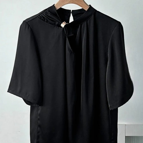 Load image into Gallery viewer, Solid Loose Spliced Folds Casual T Shirts for Women O Neck Half Sleeves Hollow Out Minimalist T Shirt Female New
