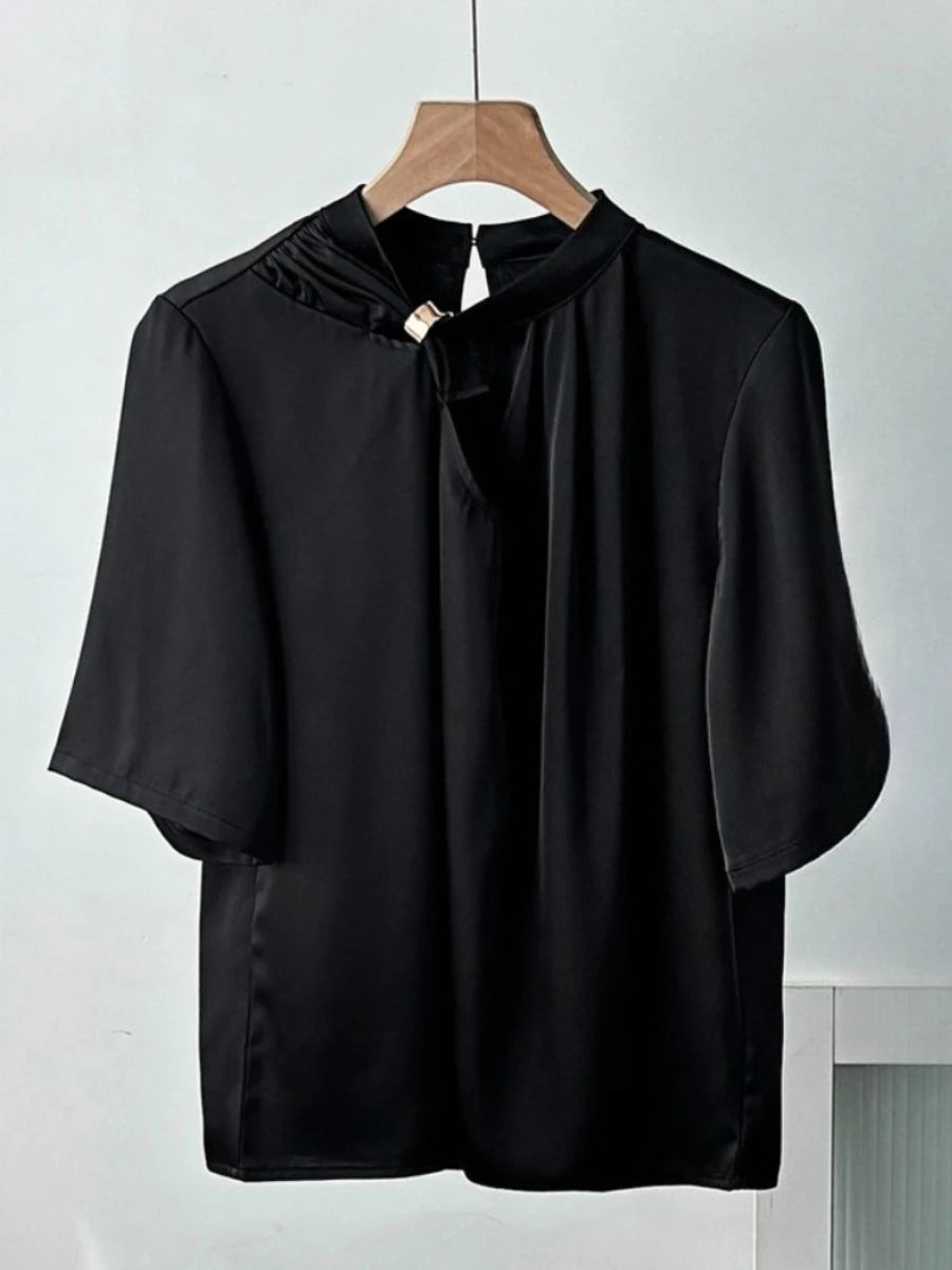 Solid Loose Spliced Folds Casual T Shirts for Women O Neck Half Sleeves Hollow Out Minimalist T Shirt Female New